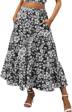 Maxi Skirts for Women Pleated Long Midi Skirt with Pockets Casual Summer High Waisted Flowy Trendy Boho A Line Skirts