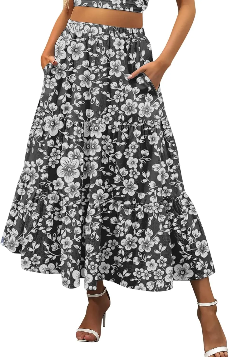 Maxi Skirts for Women Pleated Long Midi Skirt with Pockets Casual Summer High Waisted Flowy Trendy Boho A Line Skirts