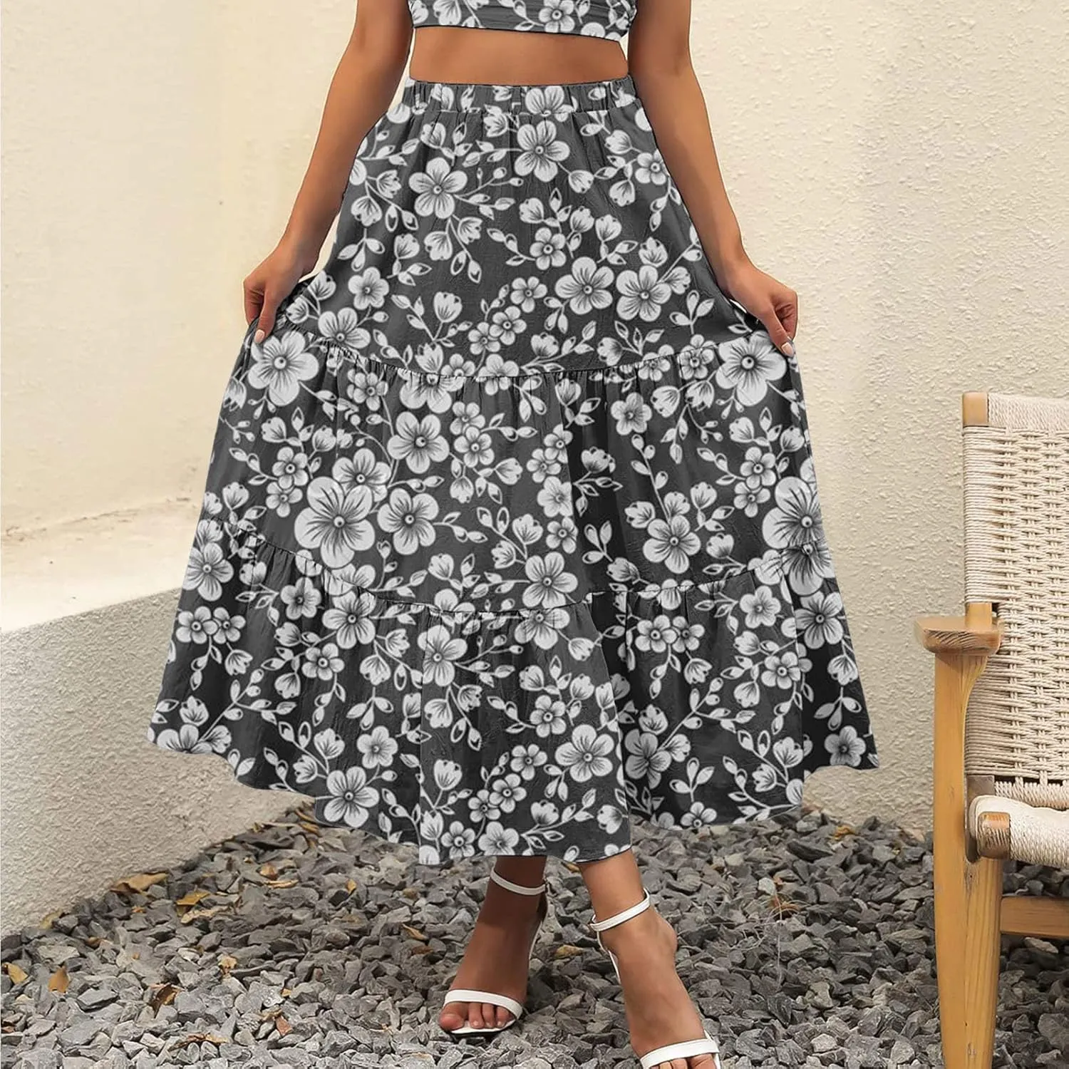 Maxi Skirts for Women Pleated Long Midi Skirt with Pockets Casual Summer High Waisted Flowy Trendy Boho A Line Skirts