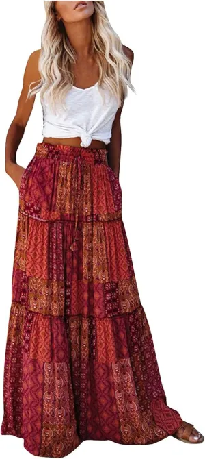 Maxi Skirts for Women Summer Boho A-Line Flowy Ruffle Tiered Elastic High Waist Beach Long Skirts with Pockets