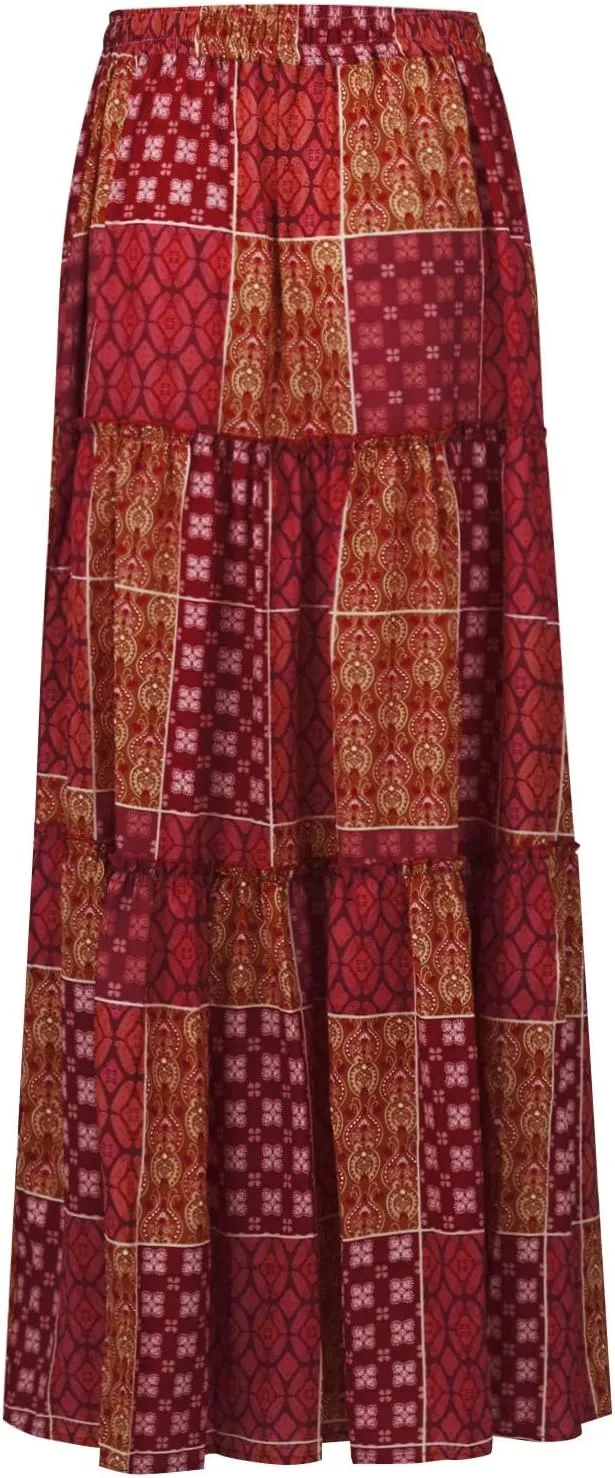 Maxi Skirts for Women Summer Boho A-Line Flowy Ruffle Tiered Elastic High Waist Beach Long Skirts with Pockets