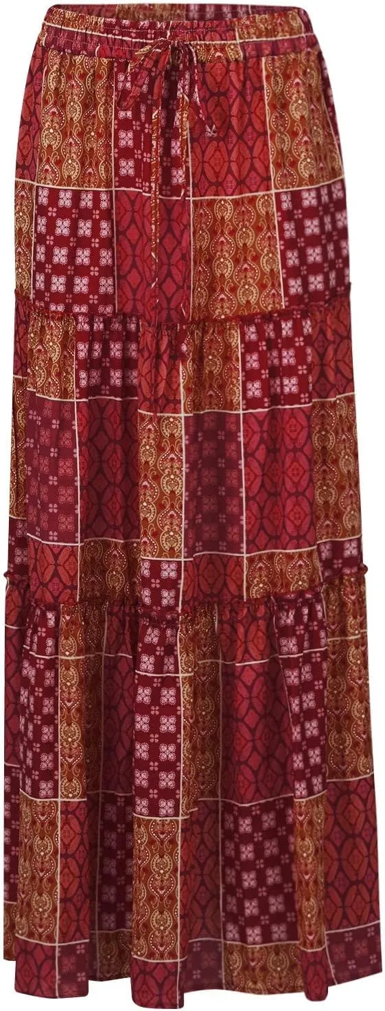 Maxi Skirts for Women Summer Boho A-Line Flowy Ruffle Tiered Elastic High Waist Beach Long Skirts with Pockets