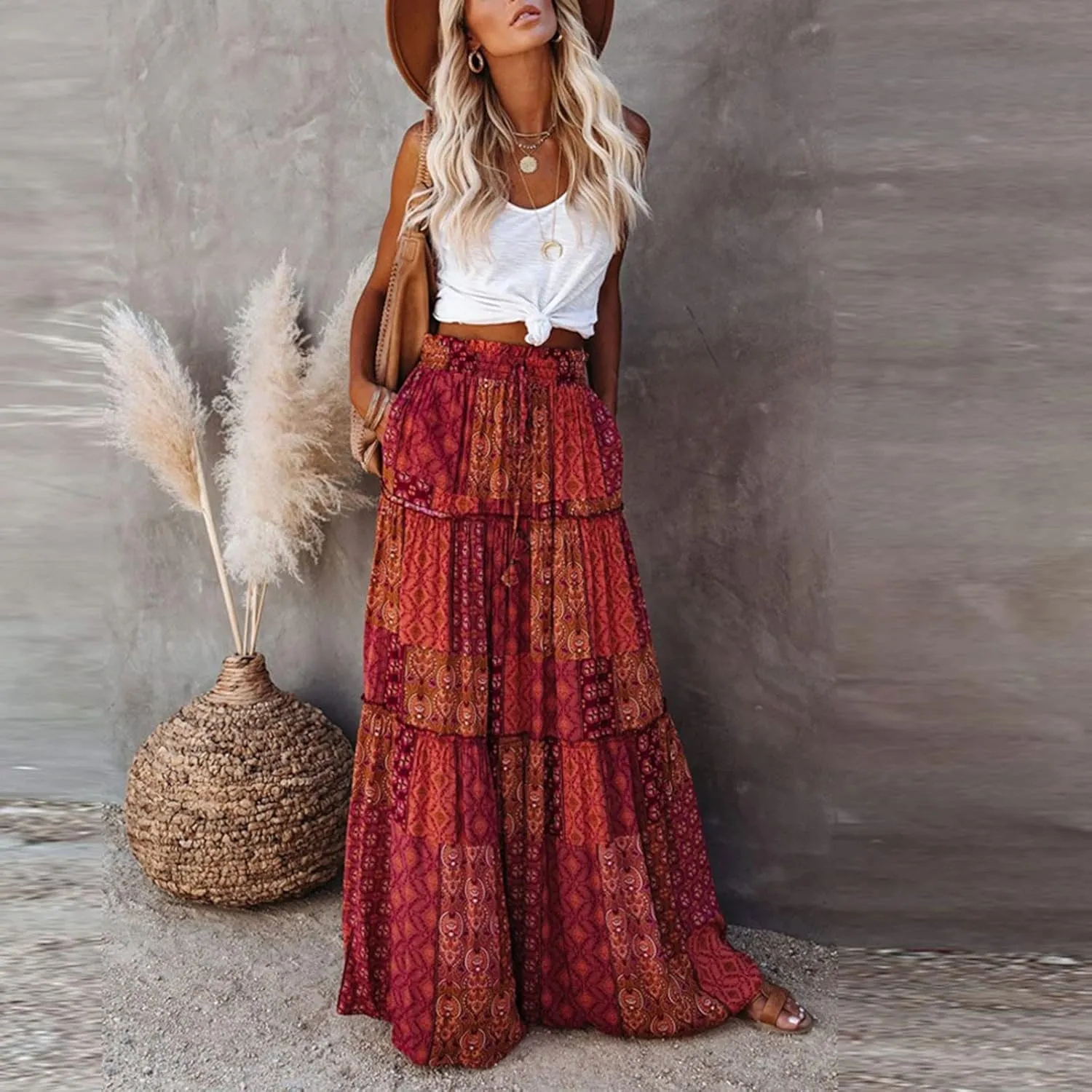 Maxi Skirts for Women Summer Boho A-Line Flowy Ruffle Tiered Elastic High Waist Beach Long Skirts with Pockets