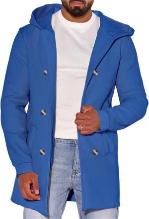 Mens Classic Trench Coat Wool Blend Cardigan Jacket Fleece Lined Long Business Overcoat Warm Hooded Double-Breasted Pea Coat