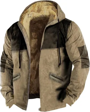 Men's Color Block Jacket Hoodies Winter Heavyweight Fleece Sherpa Lined Zipper Sweatshirt Jackets M-7XL