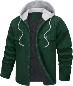 Mens Corduroy Cotton Padded Jacket Drawstring Hooded Long Sleeve Thickened Warm Single Breasted Jacket with Pockets