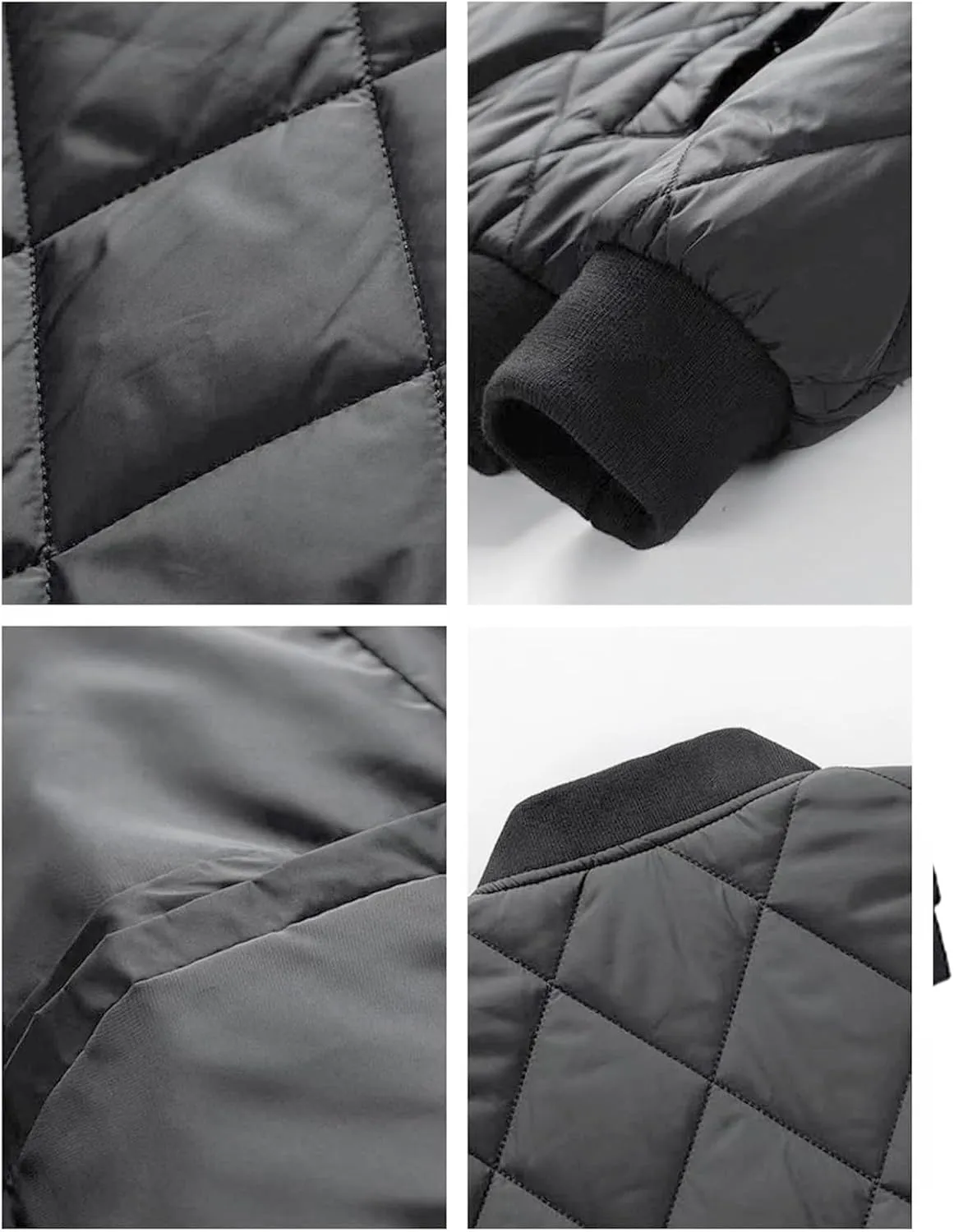 Mens Cotton Jacket Diamond Quilted Ribbed Casual Windproof Warm Padded Coat, Full Zip Bomber Jacket with Pockets