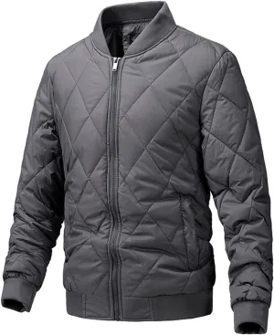 Mens Cotton Jacket Diamond Quilted Ribbed Casual Windproof Warm Padded Coat, Full Zip Bomber Jacket with Pockets