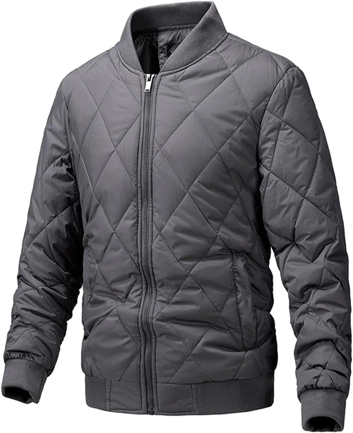 Mens Cotton Jacket Diamond Quilted Ribbed Casual Windproof Warm Padded Coat, Full Zip Bomber Jacket with Pockets