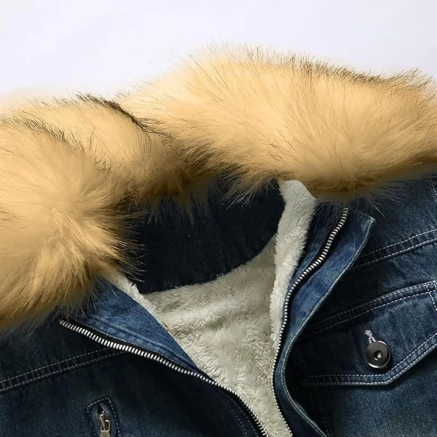 Mens Denim Jacket Plus Cotton Warm Fur Collar Sherpa Lined Denim Coat Vintage Fleece Cowboy Jean Jackets