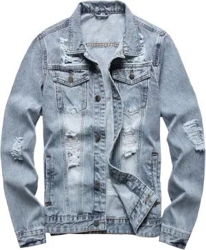 Mens Distressed Ripped Slim Fit Trucker Jackets Classic Casual Denim Coat Stretch Cowboy Canvas Jackets