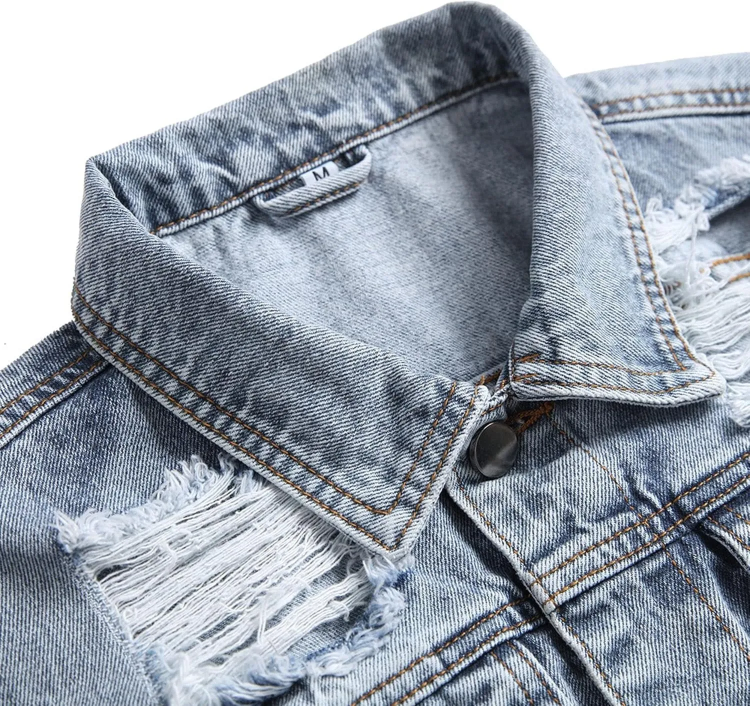 Mens Distressed Ripped Slim Fit Trucker Jackets Classic Casual Denim Coat Stretch Cowboy Canvas Jackets