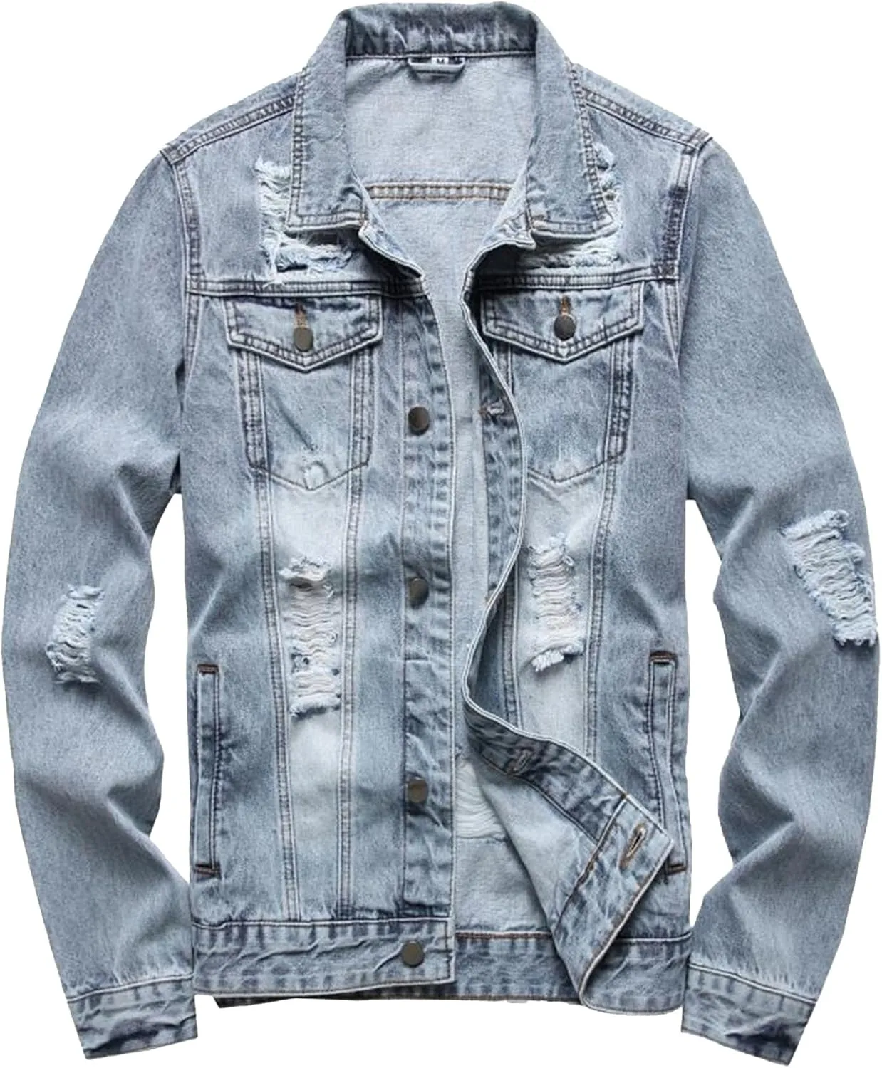 Mens Distressed Ripped Slim Fit Trucker Jackets Classic Casual Denim Coat Stretch Cowboy Canvas Jackets