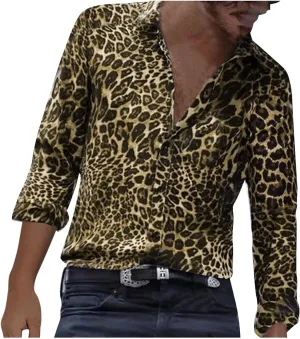 Mens Fashion Shirts Leopard Snakeskin Print Button Down Shirt Fall New Long Sleeve Lapel Casual Cotton Shirt Tops