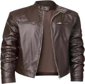 Mens Faux Leather Jacket Fall Full Zip Up Jacket Lightweight Stand Collar Motorcycle Bike Jacket with Pockets