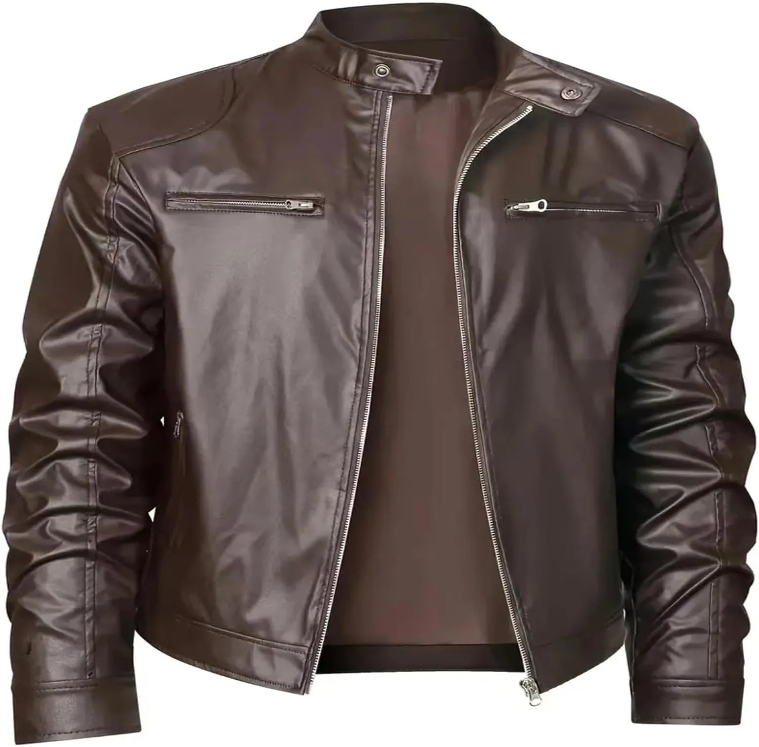Mens Faux Leather Jacket Fall Full Zip Up Jacket Lightweight Stand Collar Motorcycle Bike Jacket with Pockets