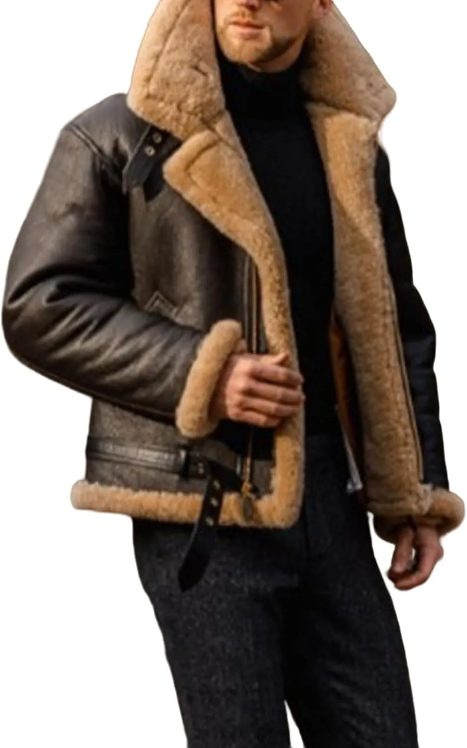 Mens Faux Pu Leather Jacket Fleece Sherpa Lining Heavyweight Winter Coat with Fur Collar Bomber Jacket for Men