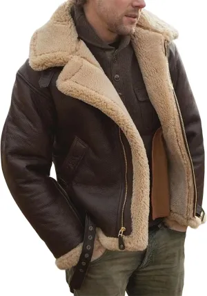 Mens Faux Pu Leather Jacket Fleece Sherpa Lining Heavyweight Winter Coat with Fur Collar Bomber Jacket for Men