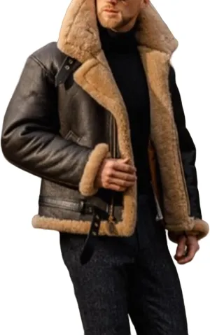 Mens Faux Pu Leather Jacket Fleece Sherpa Lining Heavyweight Winter Coat with Fur Collar Bomber Jacket for Men