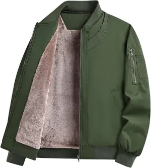 Mens Fleece Bomber Jacket Casual Plaid Jacquard Varsity Jacket Coat Zipper Pockets Windbreaker Softshell Jacket