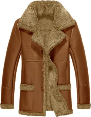 Mens Fleece Lined Faux Suede Sherpa Sheepskin Leather Coat with Hood, Vintage Long Trench, Heated, Waterproof, Casual