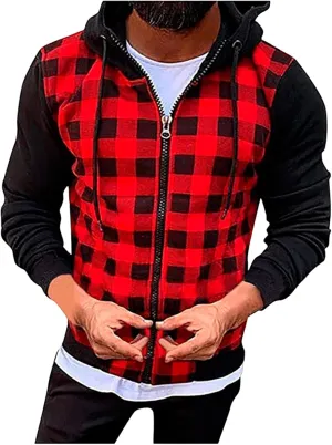 Mens Hooded Plaid Jacket Long Sleeve Casual Thin Coat Lightweight Casual Slim Fit Track Jackets with Checkered