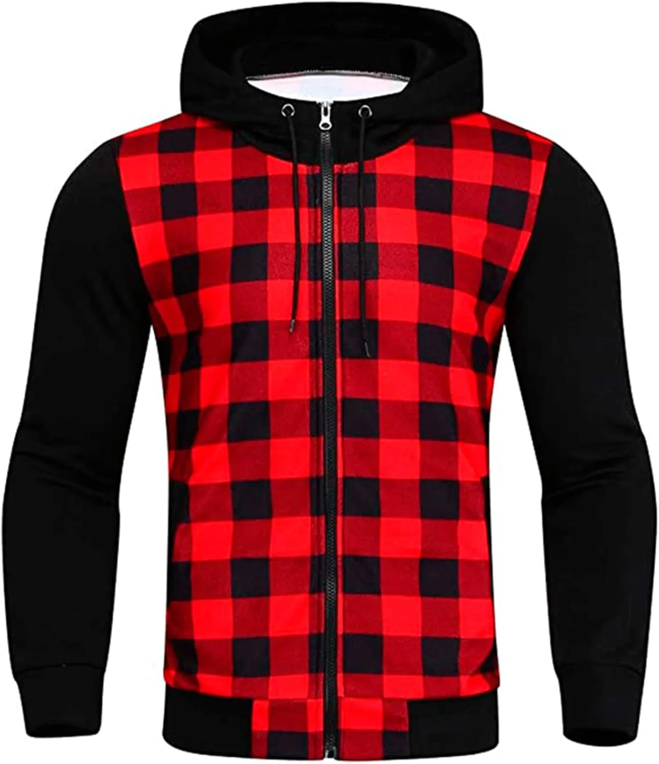 Mens Hooded Plaid Jacket Long Sleeve Casual Thin Coat Lightweight Casual Slim Fit Track Jackets with Checkered
