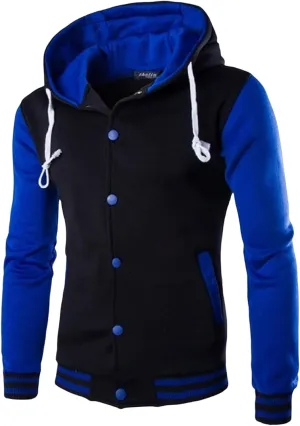 Mens Hooded Varsity Jacket Contrast Color Patchwork Baseball Jacket Button Down Slim Fit Casual Sports Sweatshirt