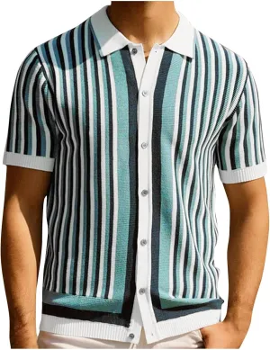Mens Knitted Shirts Short Sleeve Vintage Striped Shirt Color Block Textured Lightweight Button Down Cardigans Tops