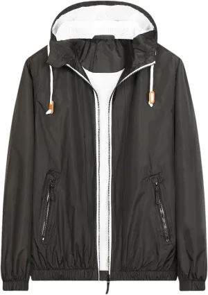 Men's Lightweight Hooded Jackets Zip Vintage Patchcolor Windbreaker Packable Raincoat Outdoor Running Coat for Hiking
