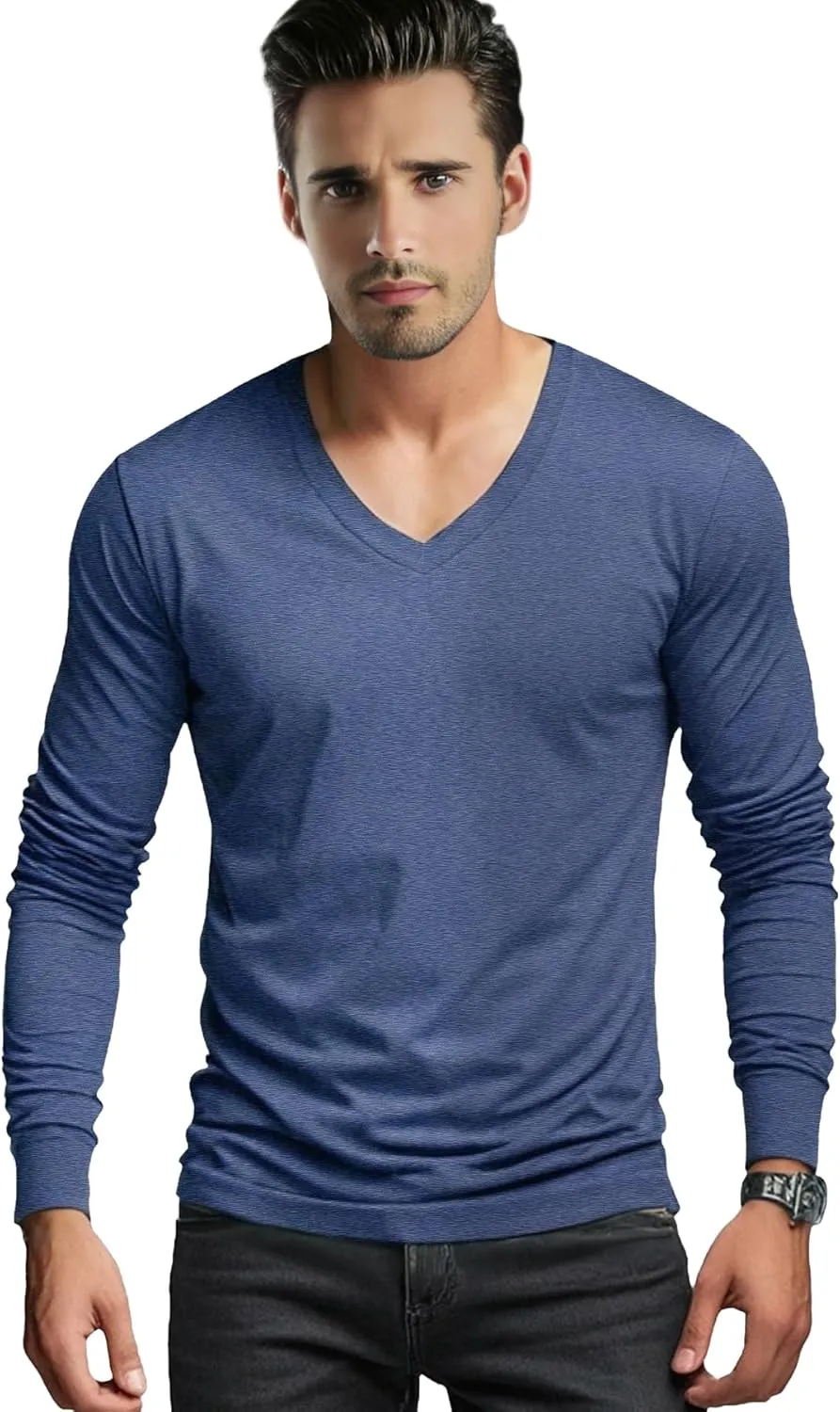 Men's Long Sleeve V-Neck T-Shirt-Cotton Blend Tee Undershirt,Soft Basic Tee for Pajamas,Casual V-Neck T-Shirts 2025