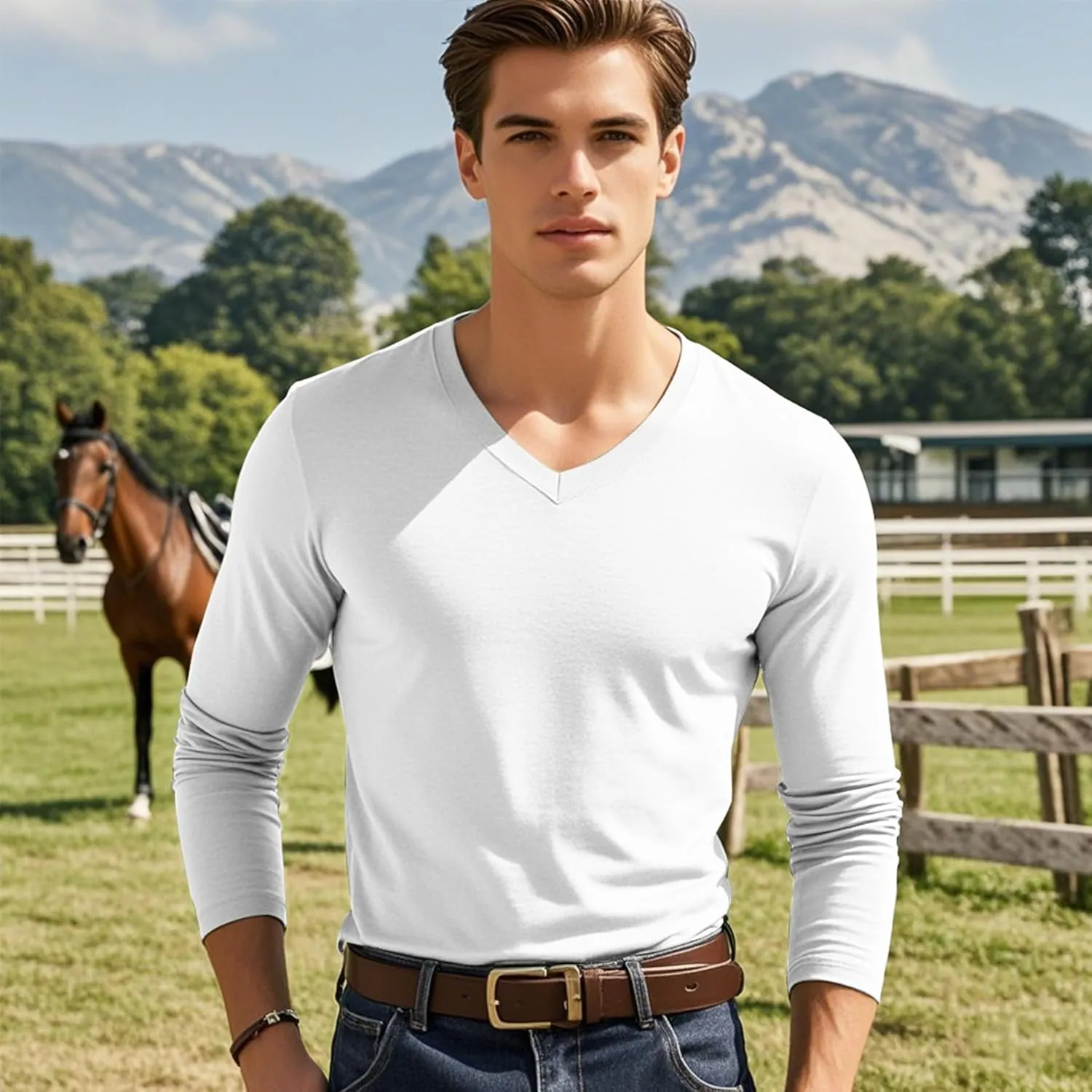Men's Long Sleeve V-Neck T-Shirt-Cotton Blend Tee Undershirt,Soft Basic Tee for Pajamas,Casual V-Neck T-Shirts 2025