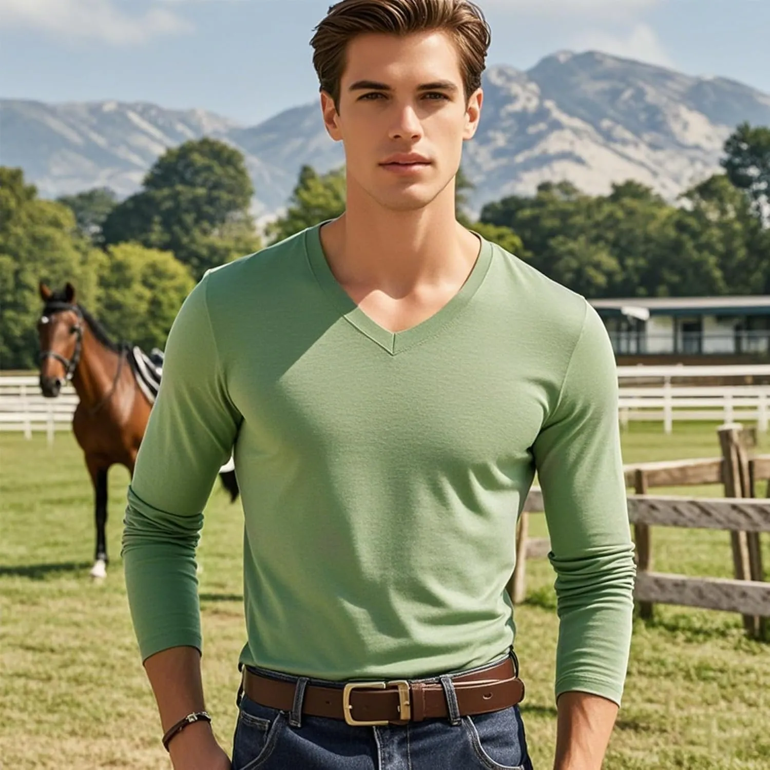 Men's Long Sleeve V-Neck T-Shirt-Cotton Blend Tee Undershirt,Soft Basic Tee for Pajamas,Casual V-Neck T-Shirts 2025
