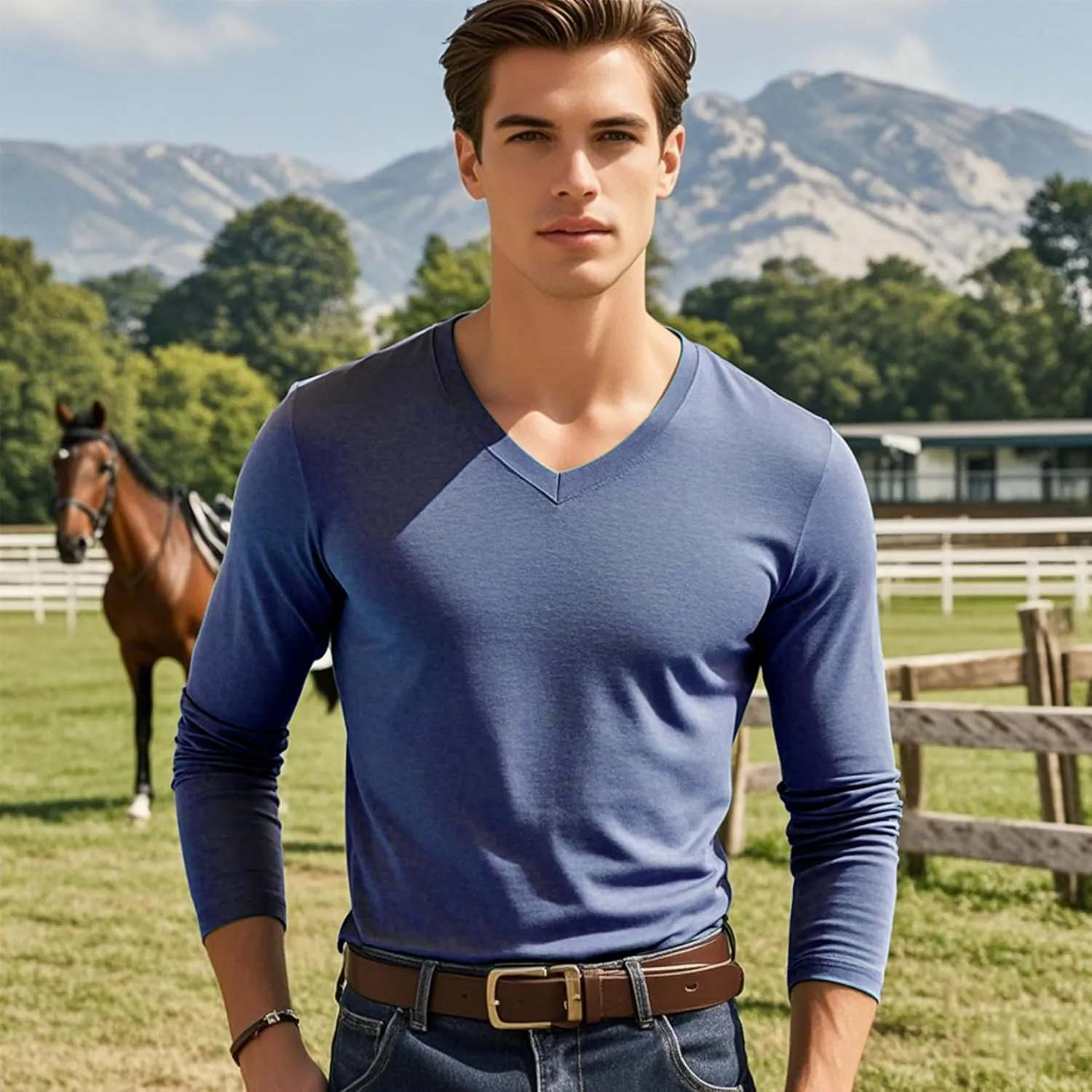 Men's Long Sleeve V-Neck T-Shirt-Cotton Blend Tee Undershirt,Soft Basic Tee for Pajamas,Casual V-Neck T-Shirts 2025