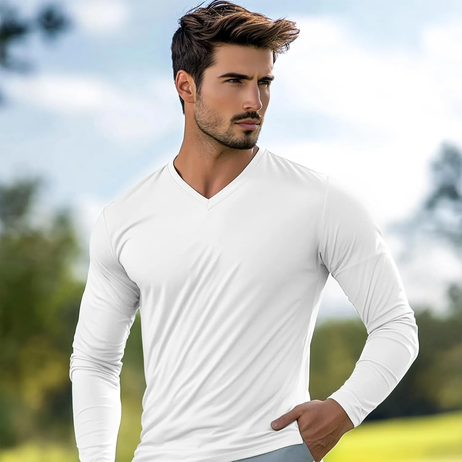 Men's Long Sleeve V-Neck T-Shirt-Cotton Blend Tee Undershirt,Soft Basic Tee for Pajamas,Casual V-Neck T-Shirts 2025