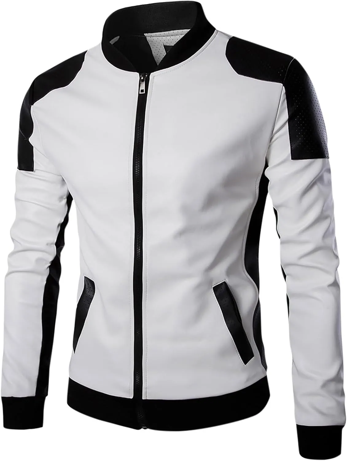 Mens Motorcycle PU Leather Jackets Stand Collar Biker Windbreaker Zip-up Slim Fit Outwear Fall Winter Patchwork Coats