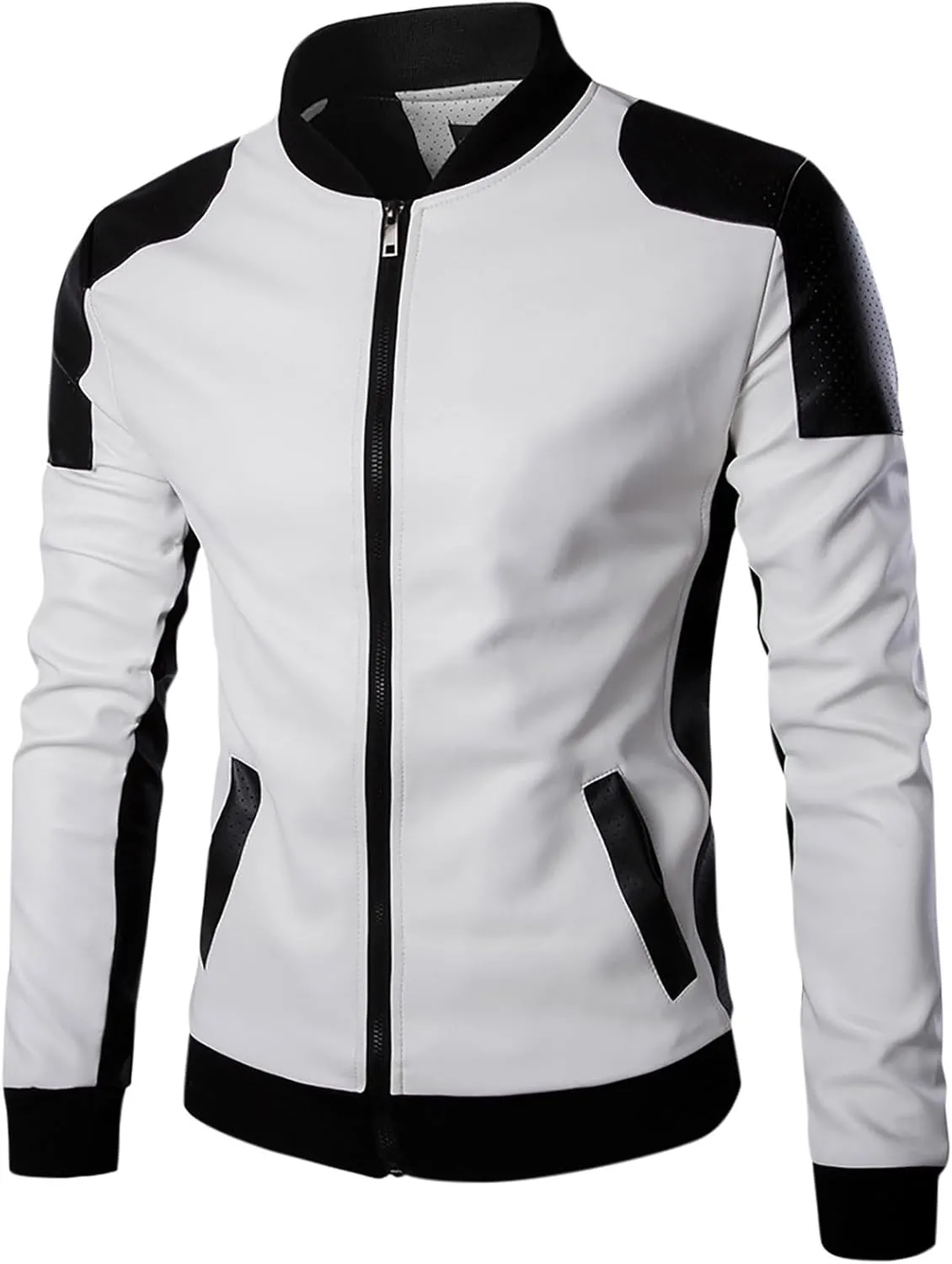 Mens Motorcycle PU Leather Jackets Stand Collar Biker Windbreaker Zip-up Slim Fit Outwear Fall Winter Patchwork Coats