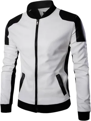 Mens Motorcycle PU Leather Jackets Stand Collar Biker Windbreaker Zip-up Slim Fit Outwear Fall Winter Patchwork Coats