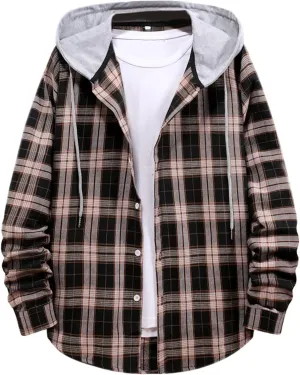 Men’s Plaid Print Hooded Jackets Fall Long Sleeve Lightweight Coat Casual Fashion Regular Fit Button Down Outwear