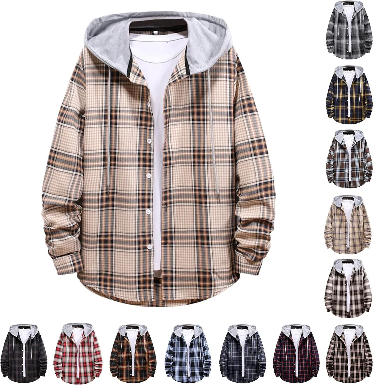 Men’s Plaid Print Hooded Jackets Fall Long Sleeve Lightweight Coat Casual Fashion Regular Fit Button Down Outwear