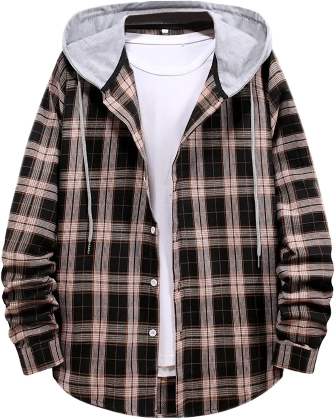 Men’s Plaid Print Hooded Jackets Fall Long Sleeve Lightweight Coat Casual Fashion Regular Fit Button Down Outwear