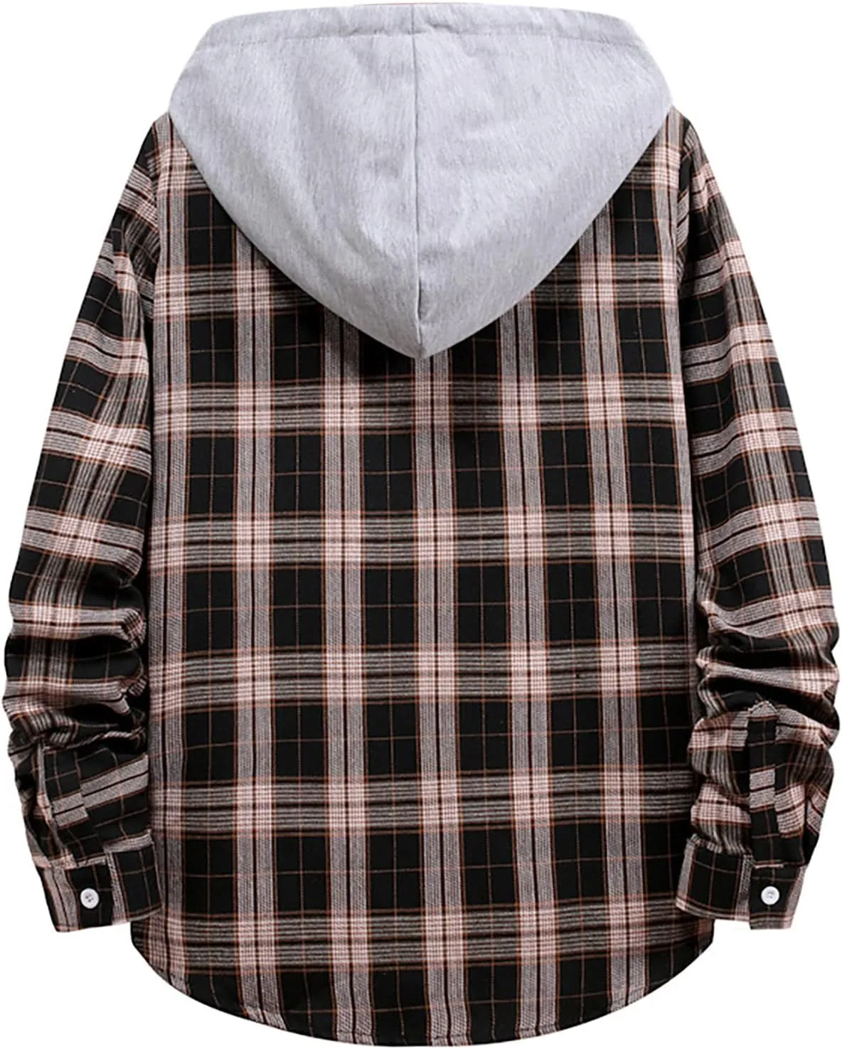 Men’s Plaid Print Hooded Jackets Fall Long Sleeve Lightweight Coat Casual Fashion Regular Fit Button Down Outwear