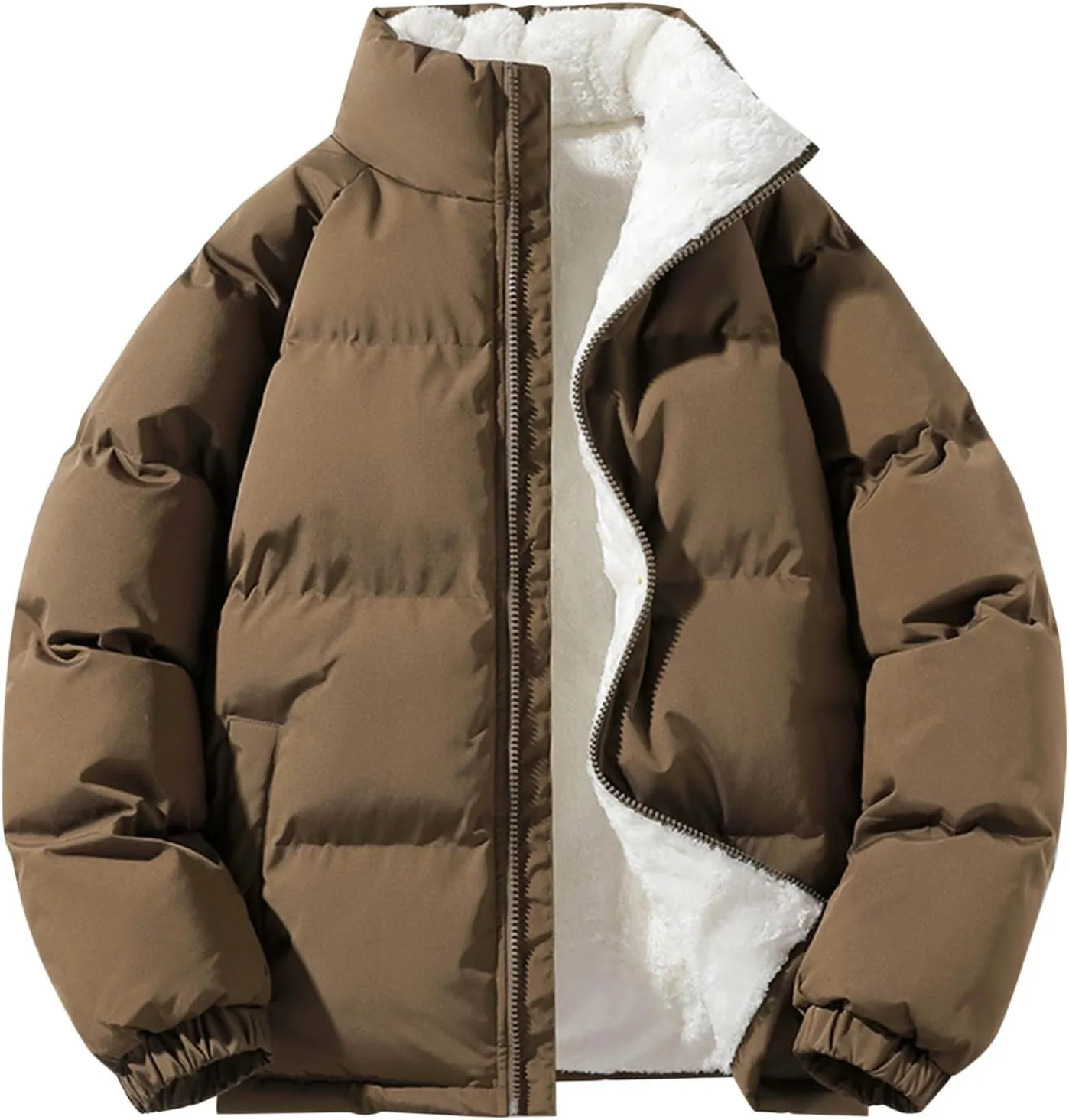 Mens Puffer Jacket Fleece Lined Down Coat Stand Collar Quilted Jacket Padded Insulated Coat Plus Size Winter Jacket