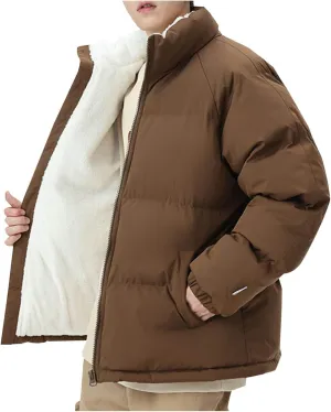 Mens Puffer Jacket Fleece Lined Down Coat Stand Collar Quilted Jacket Padded Insulated Coat Plus Size Winter Jacket