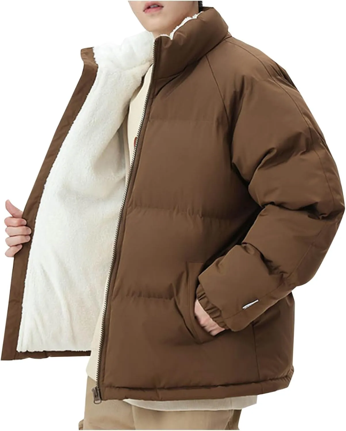 Mens Puffer Jacket Fleece Lined Down Coat Stand Collar Quilted Jacket Padded Insulated Coat Plus Size Winter Jacket