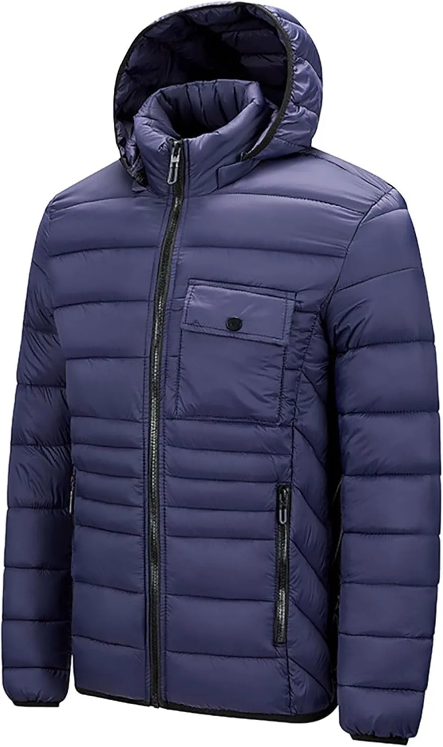 Mens Puffer Jacket Lightweight Hooded Down Jacket Water Resistant Quilted Jacket Plus Size Insulated Jacket Winter Coat
