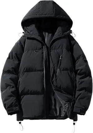 Mens Puffer Jacket with Hood Thick Down Coat Plus Size Winter Jacket Zip up Padded Coat Quilted Insulated Jacket