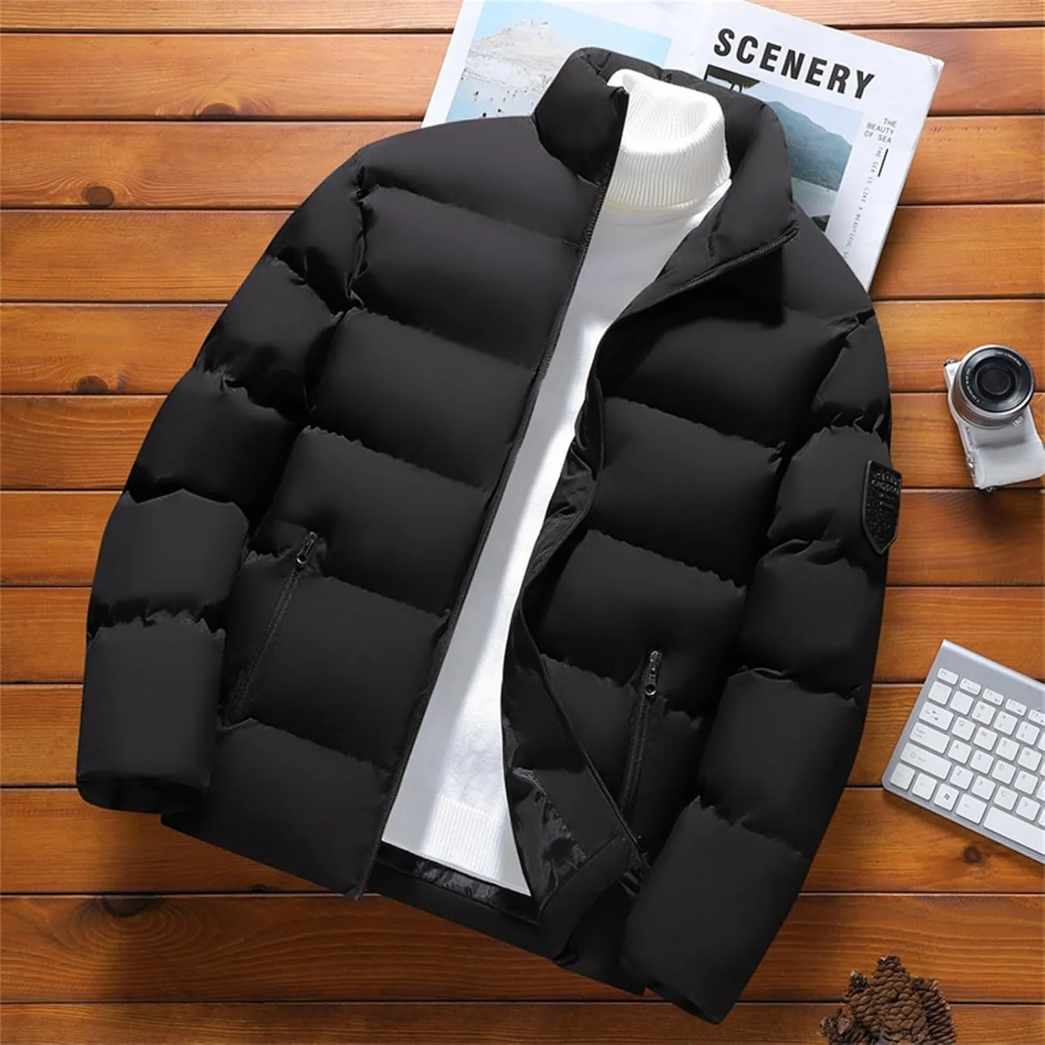 Mens Puffer Jacket with Hood Waterproof Long Sleeve Puffer Jackets Repellent Down-Hiking-Jackets Outdoor Mens Vests Outerwear