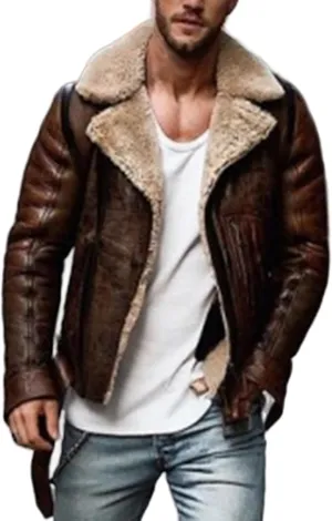 Mens Shearling Sheepskin B3 Flying Aviator Bomber Leather Jacket Lamb Wool Bomber with Faux Leather