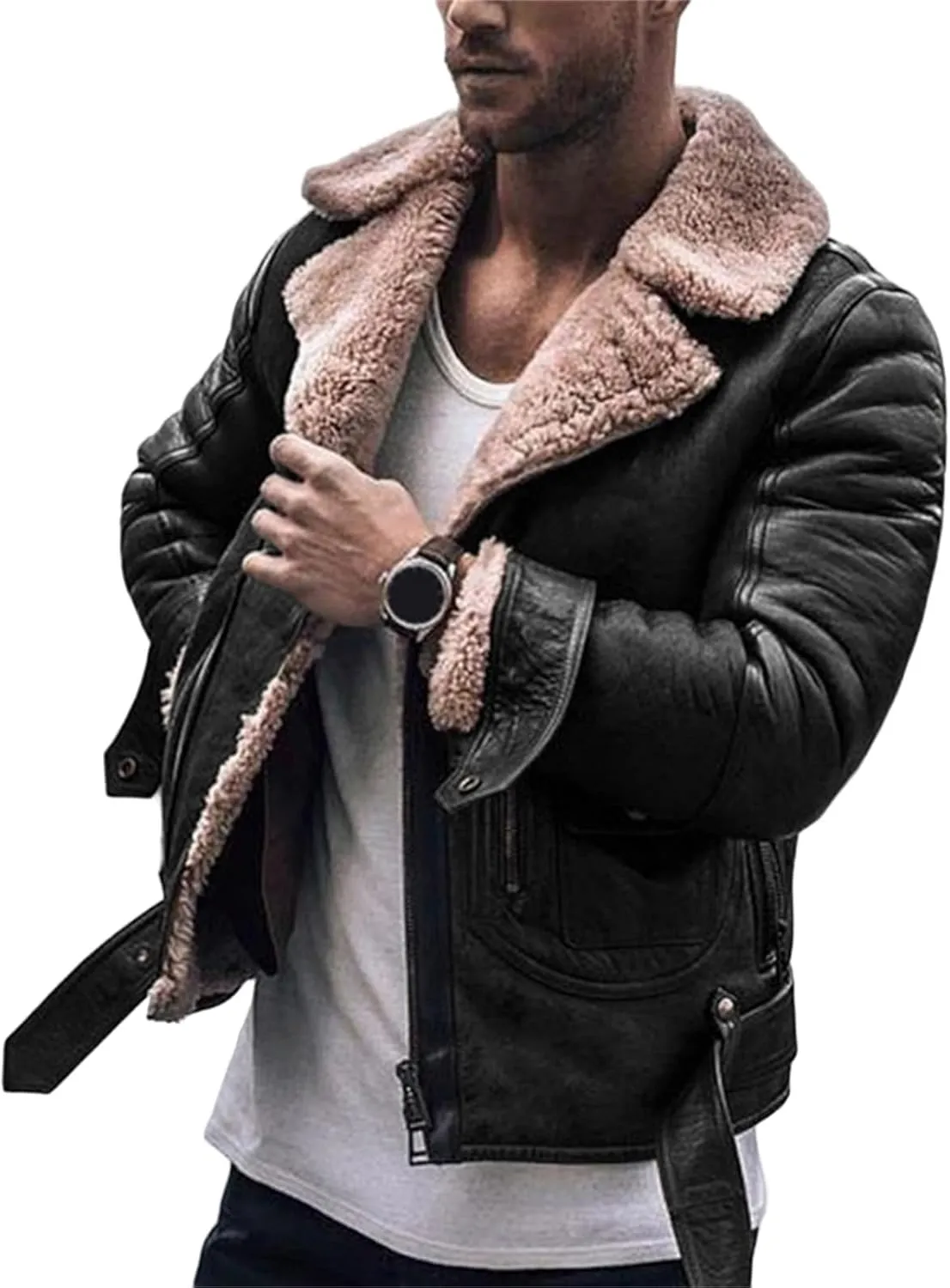 Mens Shearling Sheepskin B3 Flying Aviator Bomber Leather Jacket Lamb Wool Bomber with Faux Leather